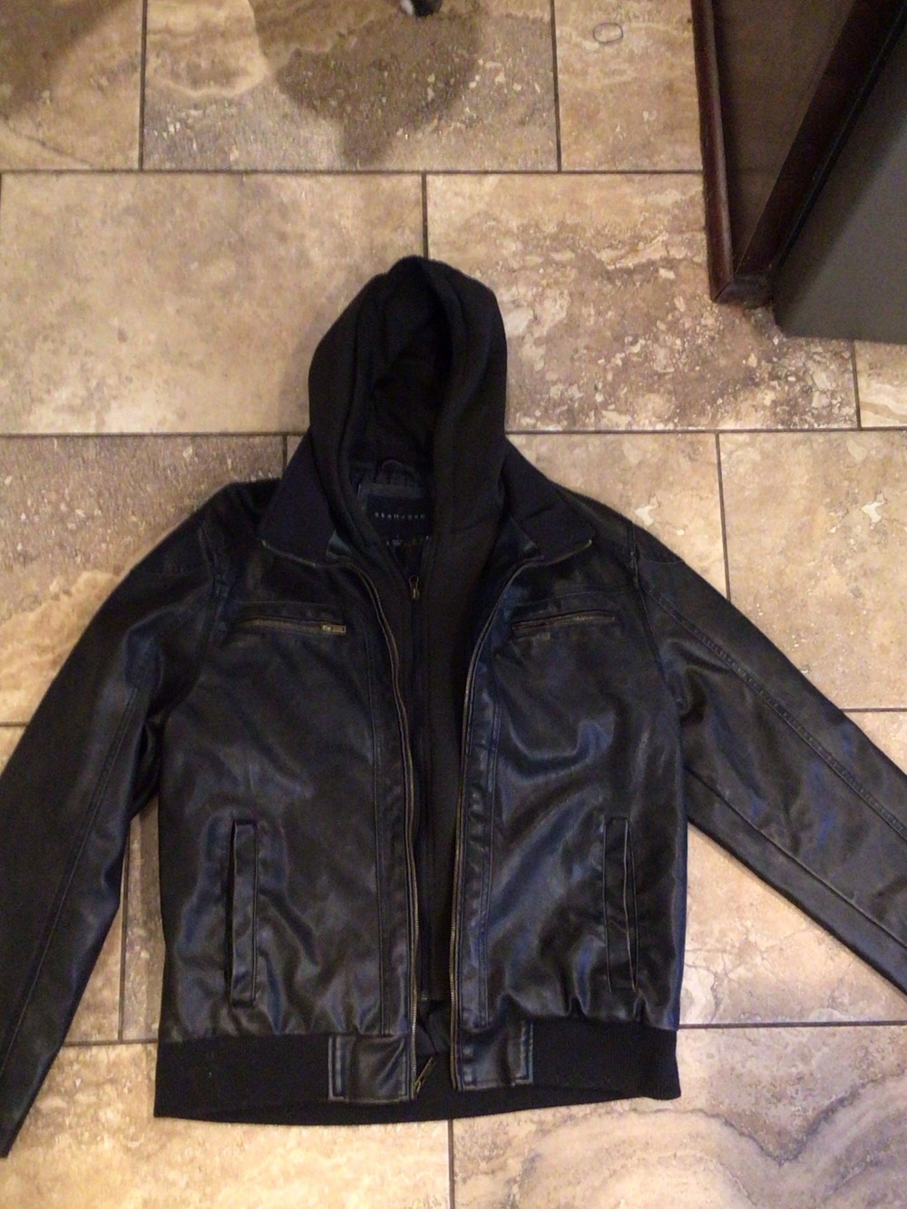 Sean John Black Faux Leather Hooded Bomber Jacket